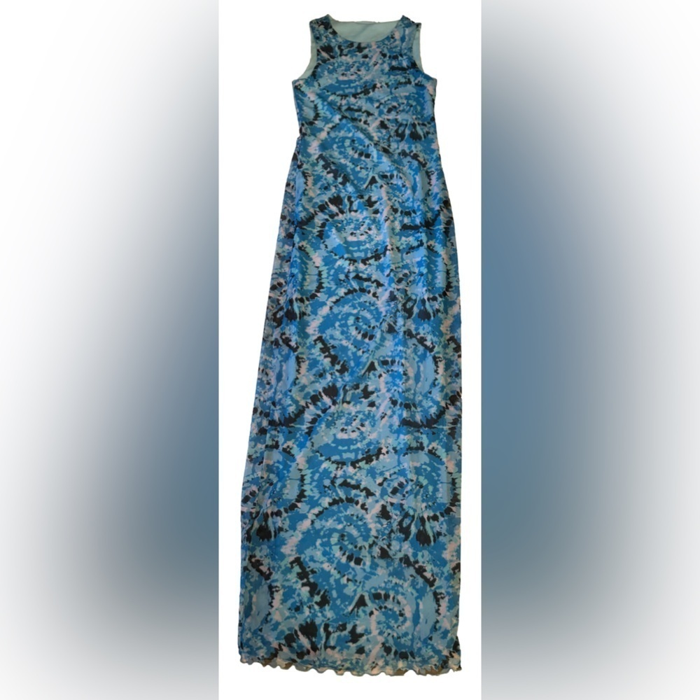 NWOT Something New Serena Print Sleeveless Mesh Maxi Dress Malibu Blue XS - Picture 5 of 9